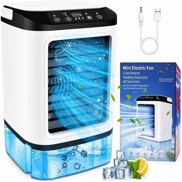 Rafraîchisseur dAir Portable 900 ml Ventilateur de Bureau avec Brumisateur 2 Modes 3 Vitesses Lumière LED 7 Couleurs