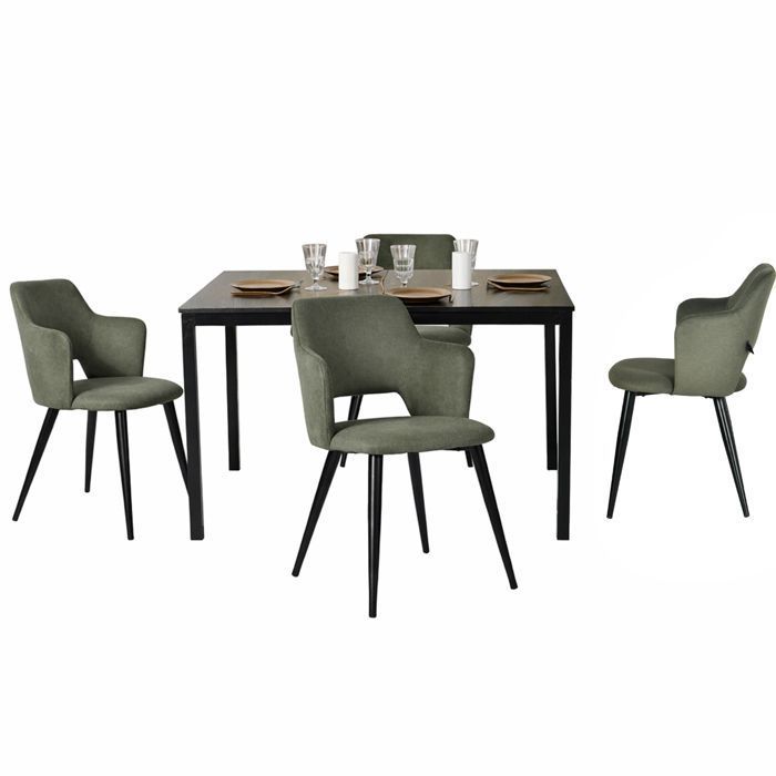 MEUBLES COSY Ensemble table à manger extensible noire et 4 fauteuils en tissu vert de style scandinave
