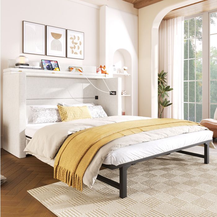 Modenuit lit escamotable 140 x 200 cm beige avec tiroir USB et Type-C tissu aspect lin