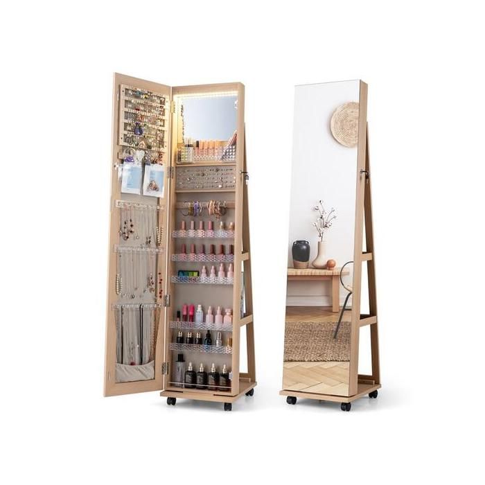 3 en 1 Armoire à Bijoux Verrouillable 164 cm COSTWAY Lumières LED 3 Couleurs Étagères Réglables Roulettes Universelles Naturel
