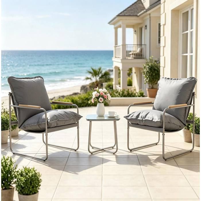 Salon de Jardin avec 2 Fauteuils 1 Table Carrée et Coussins - TCQPZ - pour Balcon et Terrasse - Verre et Métal - Gris