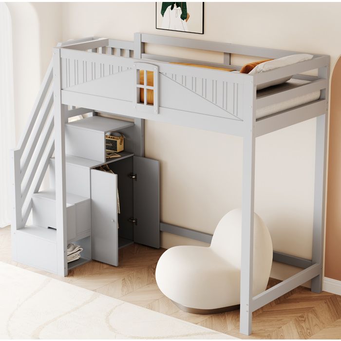 SENVIRO Lit mezzanine 90 x 200 cm gris escalier latéral réversible rangements intégrés fenêtre de sécurité pour chambre enfant