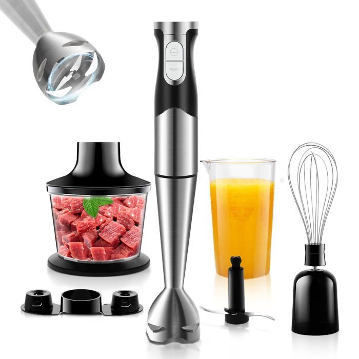 Mixeur plongeant 6 en 1 1200W lames inox turbo hachoir fouet verre doseur viandes légumes crème