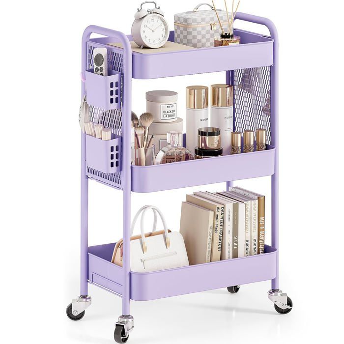 Chariot de rangement 3 niveaux sur roulettes - acier perforé violet 4 roulettes pivotantes dont 2 verrouillables