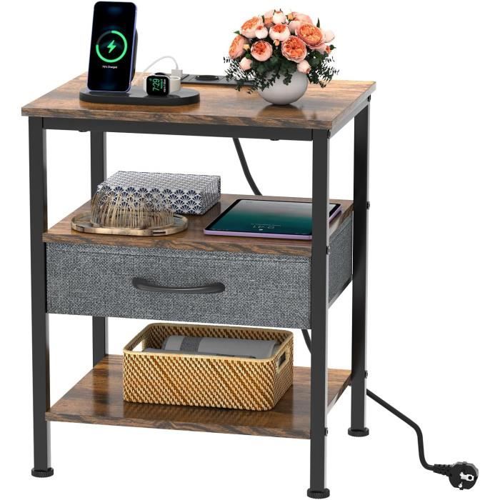Table D’Appoint Avec Prises USB – Table Chevet Marron Avec Chargeur 2 Prises + 2 USB – Étagères Rangement Petit Espace 40x30x60 Cm