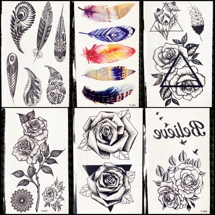 6 Morceaux Sexy Rose Fleur Femmes Tatouage Autocollants Filles Poitrine Art Tatouage Temporaire Corps Bras Pâte De Plumes