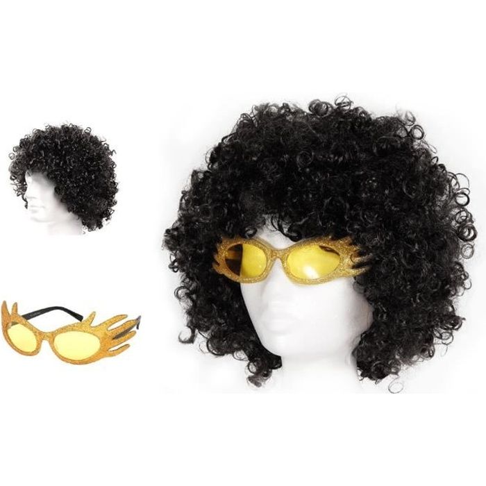 Déguisement Disco deux pièces: Perruque noir Mega Funky + lunettes