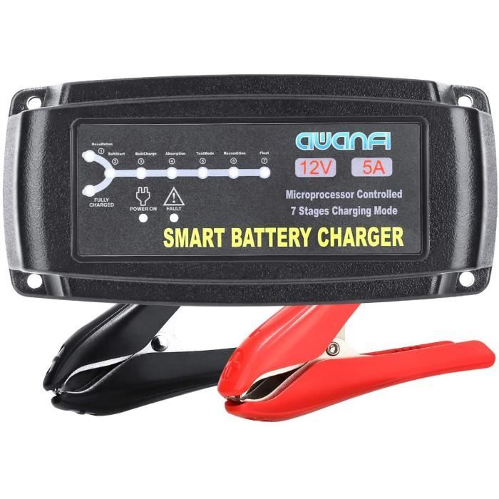 Chargeur Batterie Voitures Intelligent 12V 5A à 7 Étapes, Maintien de Charge Batterie Voiture et Moto