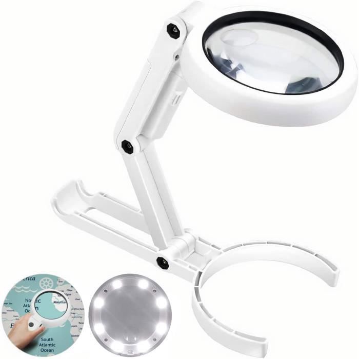 Lampe Loupe - Loupe Eclairante avec 8 LED Lumière 5X Loupe Lecture sur Pied  pour le Journal, le Bijoutier,(Blanc,San batterie)