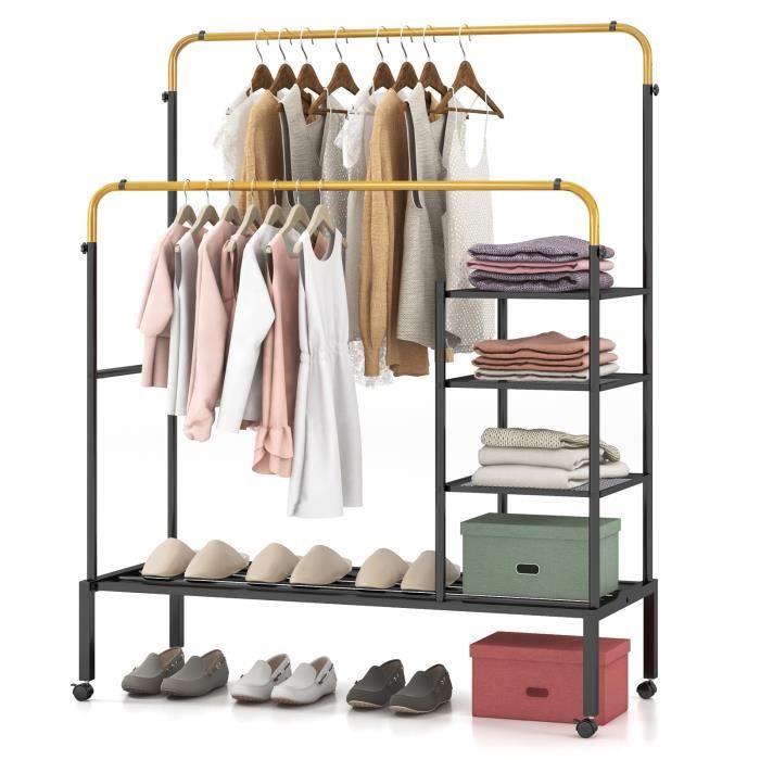 Portant à Vêtements COSTWAY en Métal à 2 Barres Solide avec Support Inférieur pour Manteaux Jupes Chemises et Pulls Or et Noir Portant à Vêtements COSTWAY en Métal à 2 Barres Solide avec Support Inférieur pour Manteaux Jupes Chemises et Pulls Or et Noir