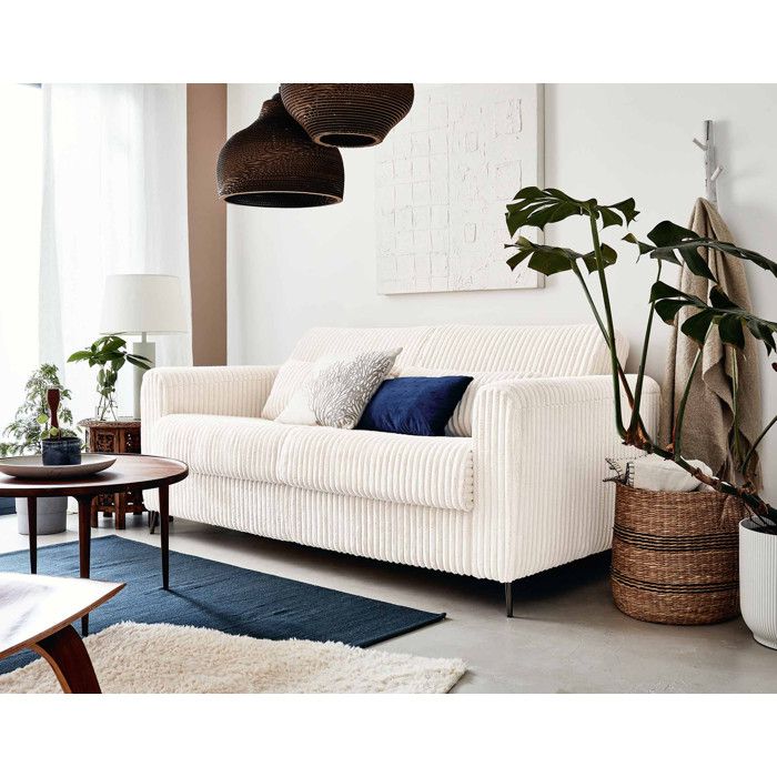 Owen - canapé lit 3 places convertible express couchage quotidien 140 cm matelas 12 cm en velours côtelé grosses côtes - Blanc