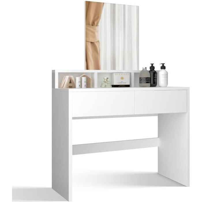 miadomodo® coiffeuse table de maquillage - miroir led hollywood, tiroirs et étagères ouvertes, moderne, blanc - commode cosmétique