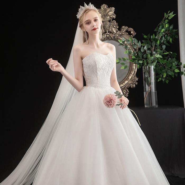 Blanc L2021 nouvelle robe de mariee bustier robe de mariee mode simple dentelle coreenne princesse automne et printemps fee femm Jaune Cdiscount Pret a Porter
