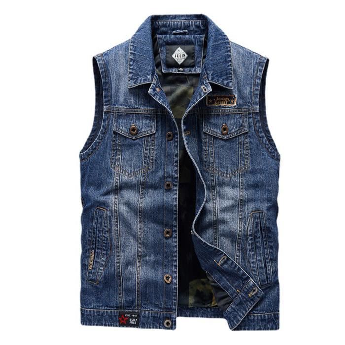 Gilet Homme en Jean Mi Saison Multi Poches Casual L che Sans