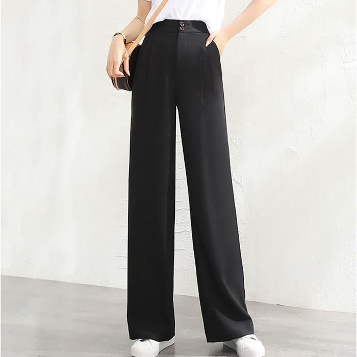 Mode femme decontracte pleine longueur pantalon ample solide taille haute pantalon long droit large jambe pantalon Noir Noir Cdiscount Pret a Porter