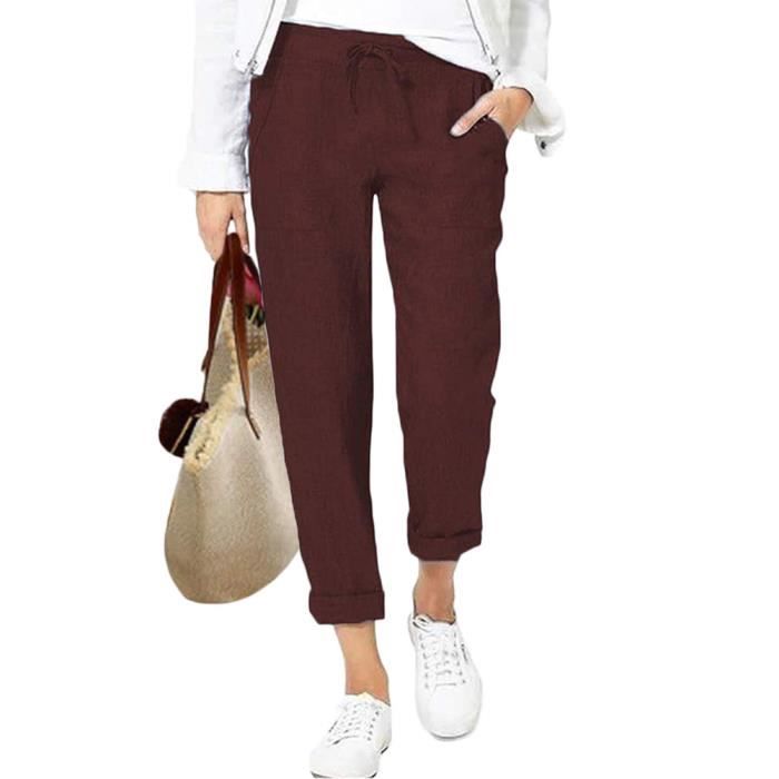 PASUDA Pantalon Fluide Femme Été Coton Lin – Pantacourt 7/8 Taille Élastique Décontracté Avec Poches, Léger Et Respirant Pour Plage, Yoga Ou Quotidien