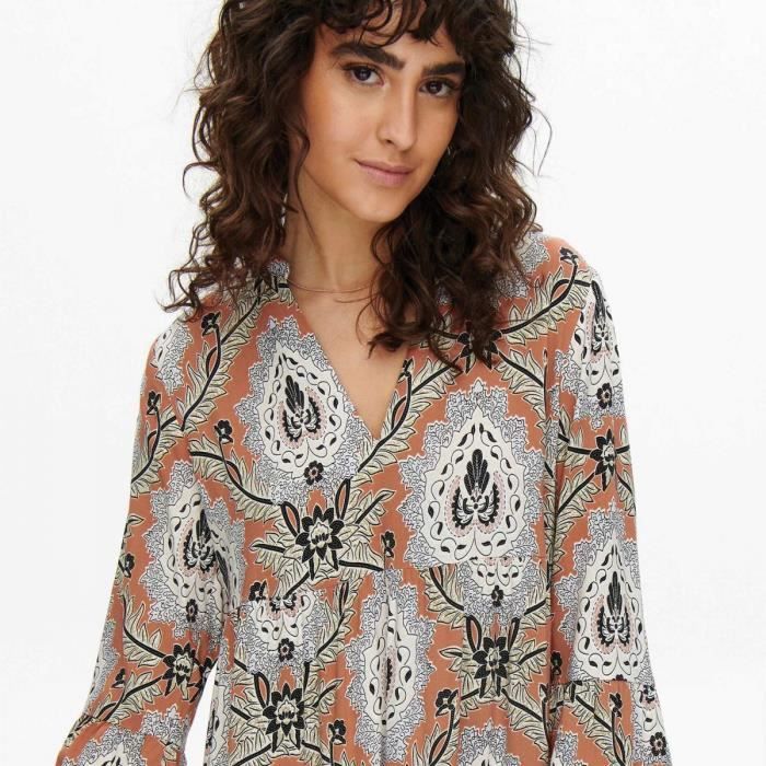 Robe manches 3 4 col v fluide Femme JACQUELINE DE YONG Marron Cdiscount Pret a Porter