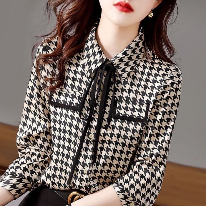 Chemise Chemise a lacets imprime pied de poule pour femmes manches longues temperament assorti a tout chemisier E950501710 Blanc Cdiscount Pret a Porter