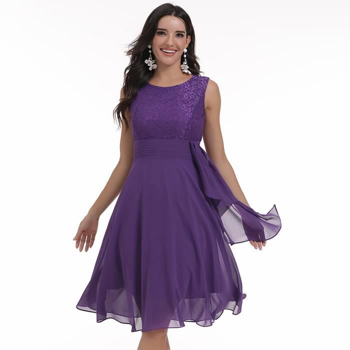 Robe de Soiree Cocktail Femme Dentelle Sans Manches Col Rond Couleur Unie Violet GOGUQ Violet Cdiscount Pret a Porter