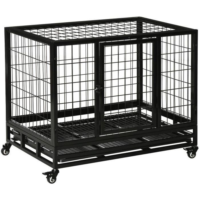Cage pour chien animaux cage de transport sur roulettes 2 portes noir