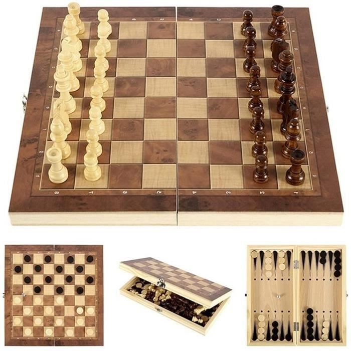 Jeu D'échecs,3 en 1 Echecs en Bois Échecs Dames Jacquet,Pliable Portable Ensemble D'échiquier,Chess Board pour Enfants Adultes Fê - Jeux - Jouets