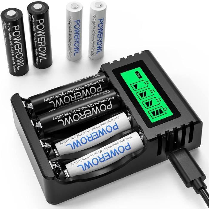 Chargeur Piles AA AAA POWEROWL - 8 Baies Indépendantes USB | Pour Batteries Ni-MH Ni-CD, Coupure Auto, LEDs