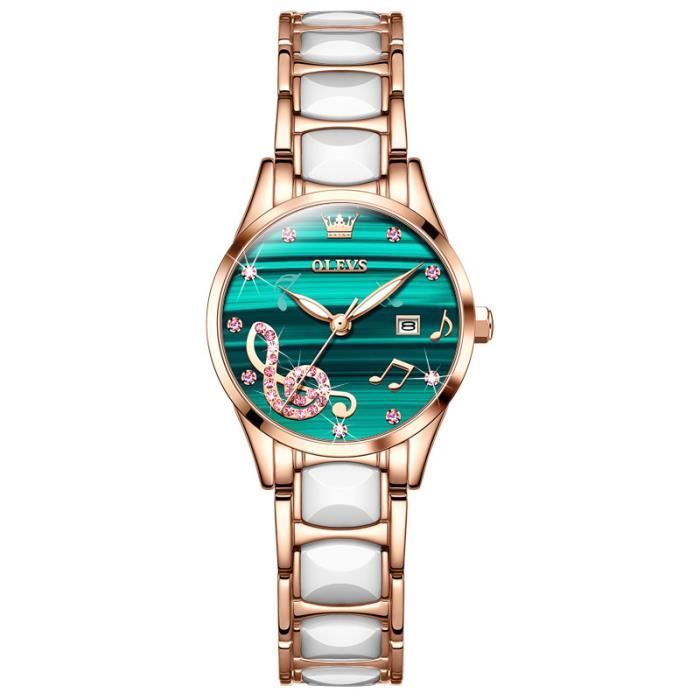 SHARPHY Montre femme de marque de luxe afficher le calendrier note musicale bracelet en céramique grâce tempérament diamant vert