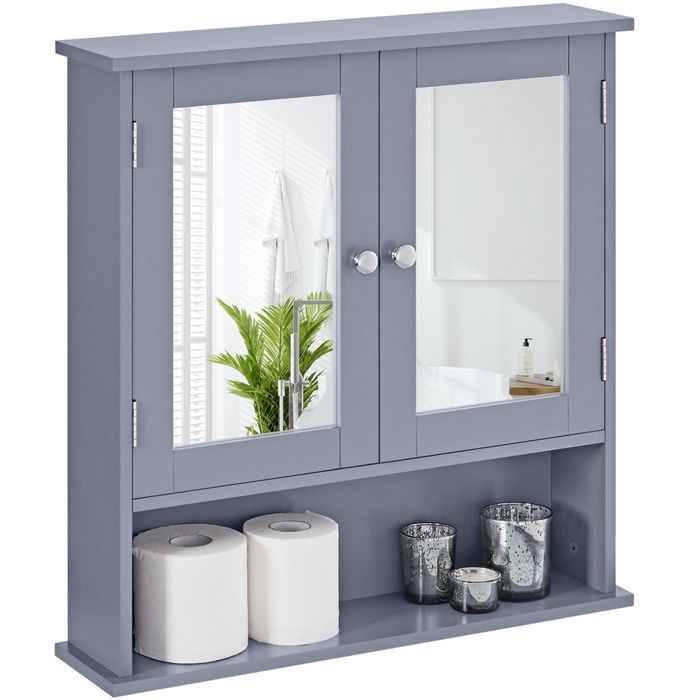 Armoire Murale MDF 2 Portes Miroir 58x56x13 cm Étagère Réglable Rangement pour Salle de Bains et Chambre Gris YAHEETECH