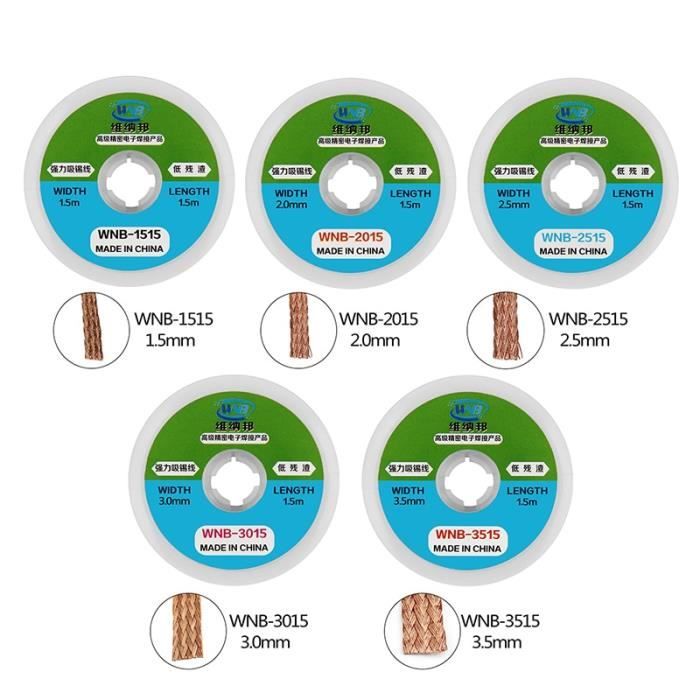 Winfred Lot De 6 Tresses à Dessouder 1.0 à 3.5 Mm - Fil De Cuivre Pur 1.5m Par Bobine Pour Soudure Électronique PCB