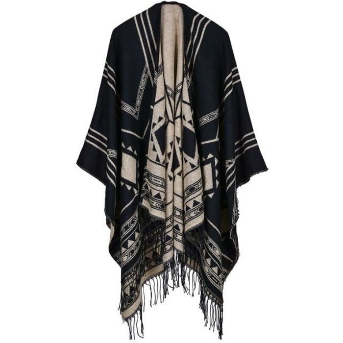 Gilet Poncho Femme Avec Franges Châle Jacquard Automne-Hiver Multi-colors