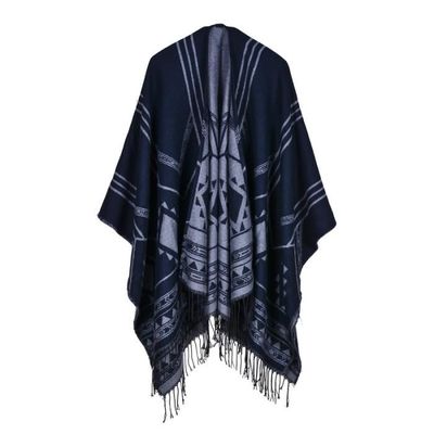 Gilet Poncho Femme Avec Franges Châle Jacquard Automne-Hiver Multi
