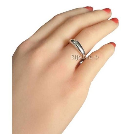 Bague Ancienne En Argent Massif 925 - Jonc Alliance Style Dôme Avec Zirconium, Taille 54
