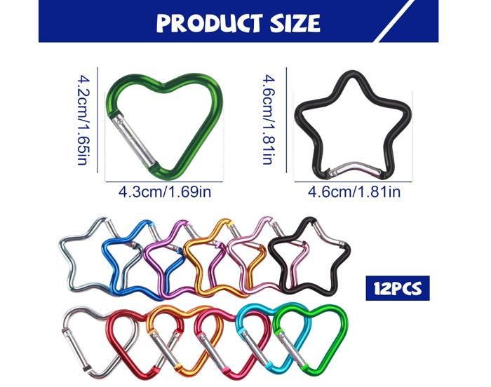 12 Mousquetons Porte-Clés Cœur Et Étoile – Alliage Aluminium Léger – Multicolore – Camping Randonnée Voyage – Accroche Sacs Bouteilles