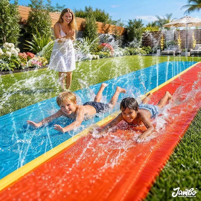 Toboggan Aquatique Double Piste 480 X 140 Cm – Avec 2 Bodyboards – Arroseur Intégré – PVC Épais – Jardin, Piscine, Extérieur