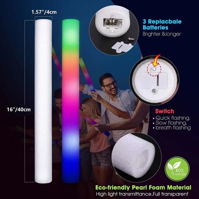 Lot De 12 Bâtons Lumineux En Mousse - 47 Cm, LED Clignotantes, Pour Fêtes Et Événements