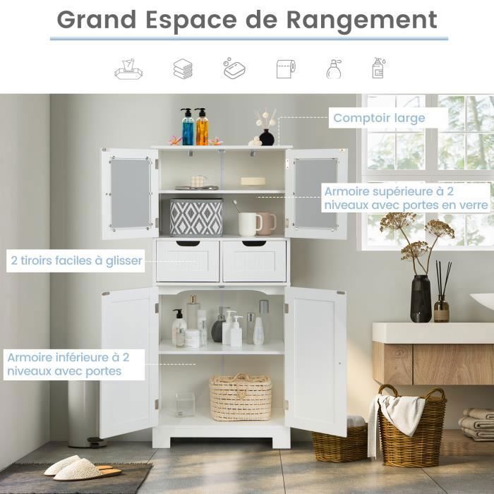 Armoire Colonne Salle De Bain - Meuble Rangement Étanche Sur Pied Avec Porte Et Volets