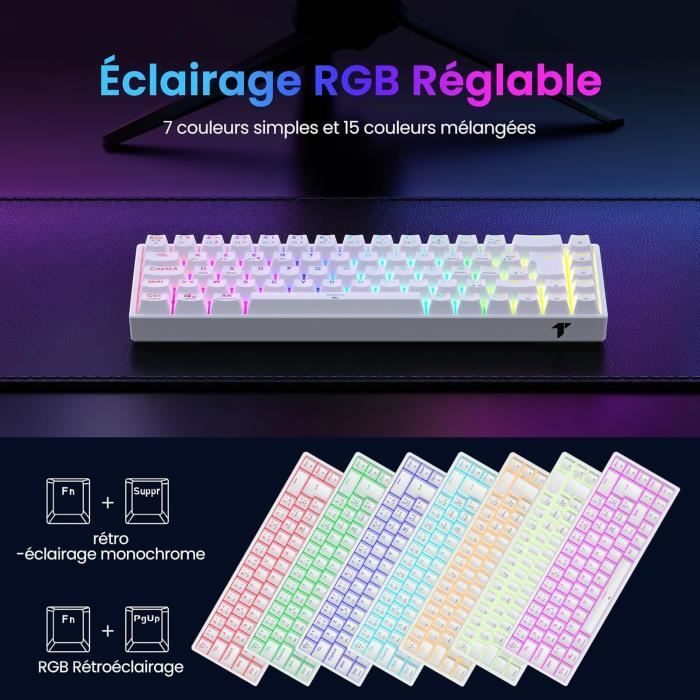 TECURS Clavier Gaming Mécanique Sans Fil 65% RGB – Triple Mode Bluetooth/2.4G/Filaire, Switch Rouge, AZERTY, Batterie 3000mAh