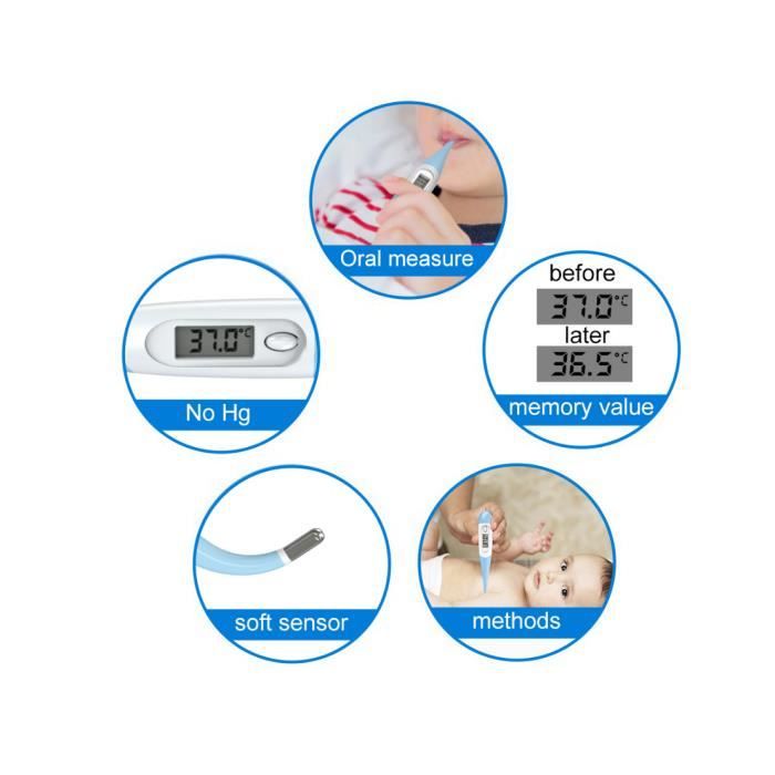 Thermomètre Numérique Flexible - Pour Mesure Orale, Rectale, Axillaire - Écran Rétroéclairé 3 Couleurs Avec Alarme Fièvre - Précision 0,1°C - Pour Bébés, Enfants, Adultes - 6