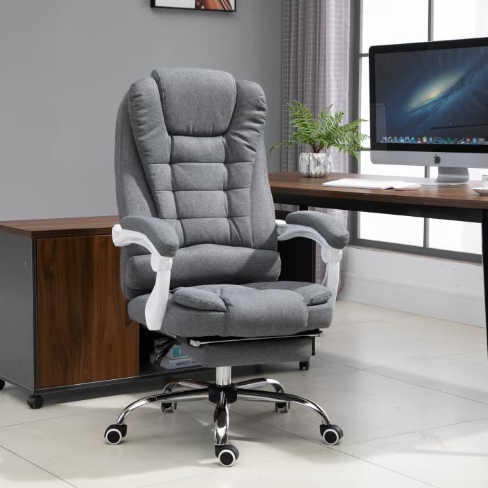 HOMCOM Fauteuil de bureau manager chaise pour ordinateur avec repose-pied  dossier inclinable accoudoirs rembourrés en lin gris