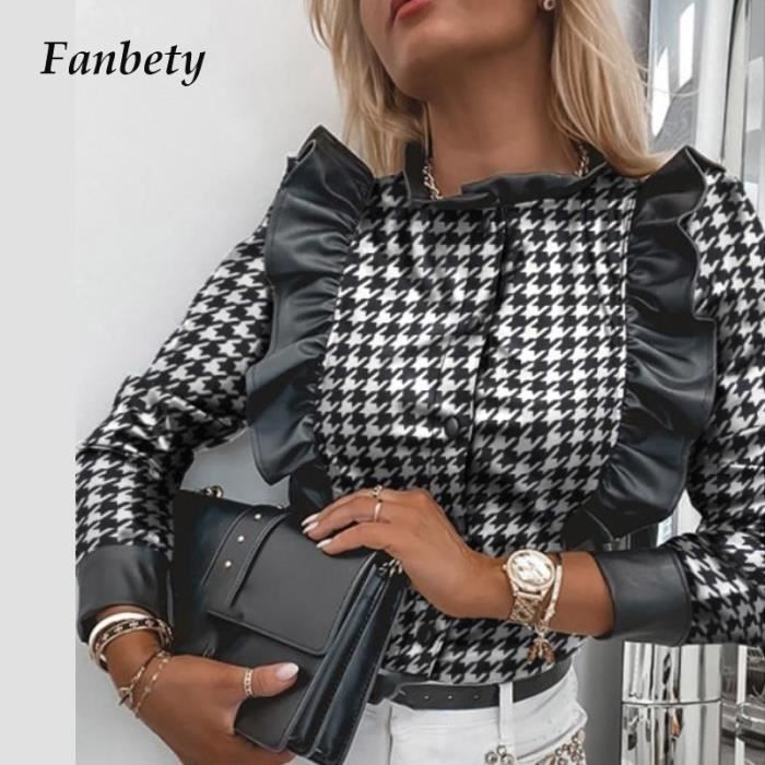 Blouse femme Chemisier en cuir PU imprime pied de poule pour femmes retro manches longues boutons Type 02 Houndstooth Blanc Cdiscount Pret a Porter