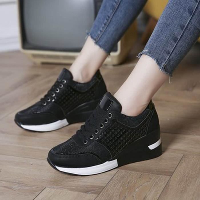 lukcolor Basket Lacets Platform Casual talon compense pailletee Chaussures Simple Femmes Tete ronde Fond epais Noir