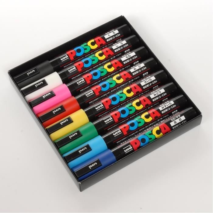 Pochette 8 marqueurs peinture à eau Posca PC-5M - pointe conique polyester  moyenne 2,5 mm - coloris assortis pas cher