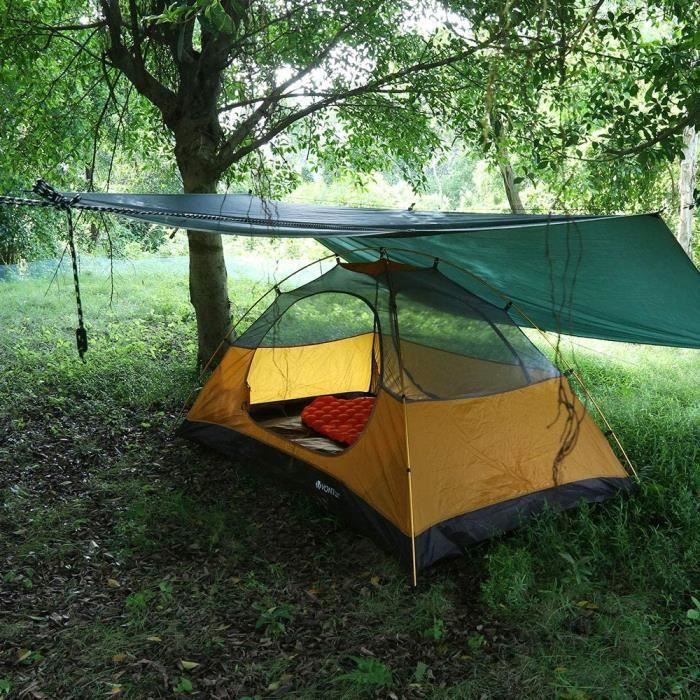 Bâche Camping V VONTOX 3x3 M – Imperméable PU3000, Anti-UV, Ultra Légère (0,85 Kg), Avec Piquets Y, Cordes Et 9 œillets, Pour Tente, Hamac, Plage