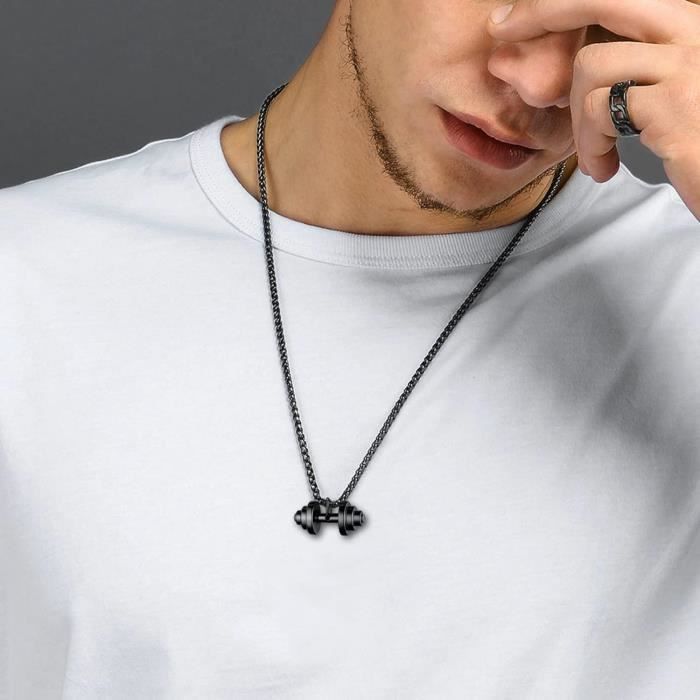Collier Haltère Homme U7 - Pendentif Sportif Acier Inoxydable/Plaqué Or Chaîne 55cm
