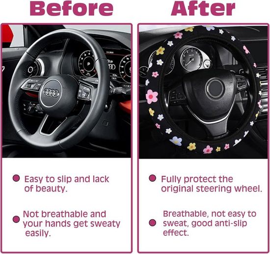Couvre volant accessoire voiture pour femme -rose et noir (dimension en phot) - Équipement auto
