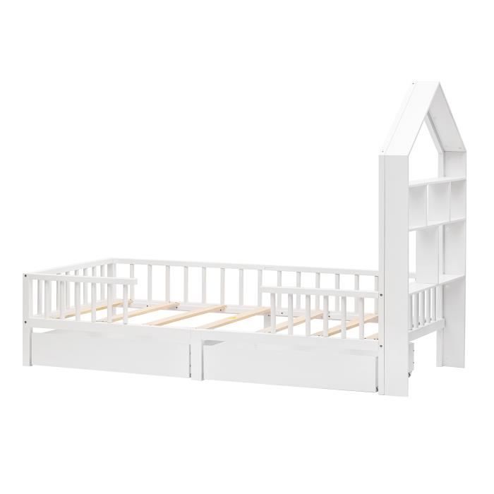 Lit cabane enfant 90x200cm, avec étagère et deux grands tiroirs espace de  rangement, bois massif, avec barrière et sommier, blanc - Conforama