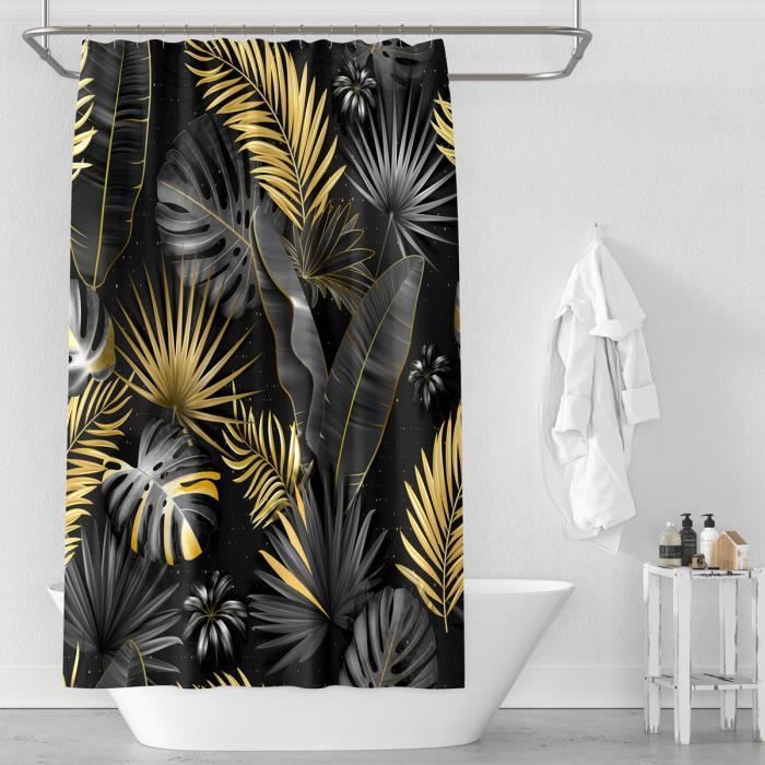 Bovlleetd Rideau De Douche 180x200cm Or Plante Lotus Feuille Palmier - Rideau Salle De Bain Étanche Art Botanique