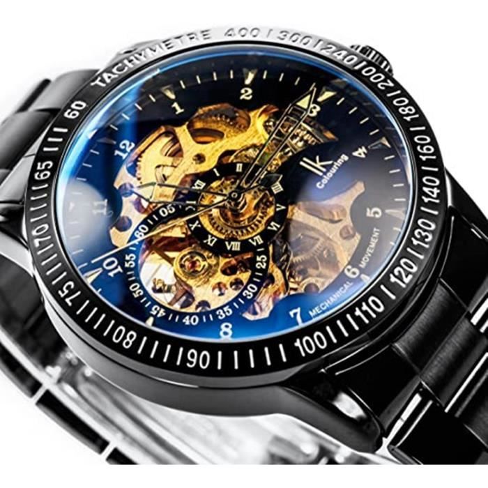Montre Automatique Squelette Steampunk - Plaqué Or, Boîtier 40mm, Cuir Noir, 2 Ans Garantie