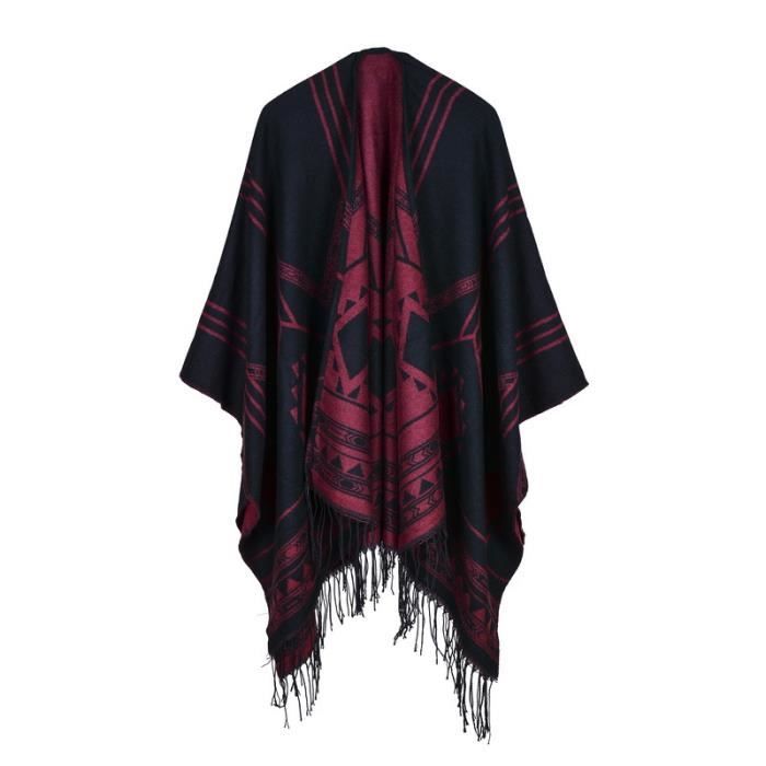 Gilet Poncho Femme Avec Franges Châle Jacquard Automne-Hiver Multi