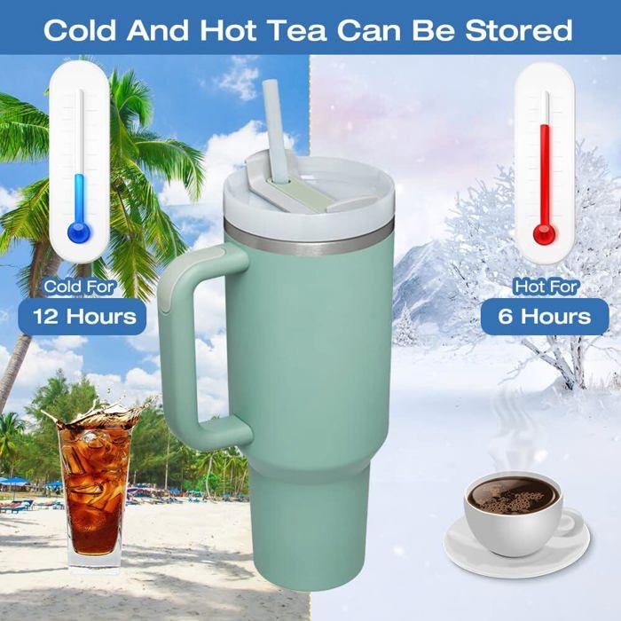 Gobelet Isotherme De 40 Onces Avec Poignée Et Paille, Couvercle 2 En 1, Bouteille D'eau à Double Paroi En Acier Inoxydable Avec Isolation Sous Vide, Cadeau De Vacances Pour Femmes Et Hommes